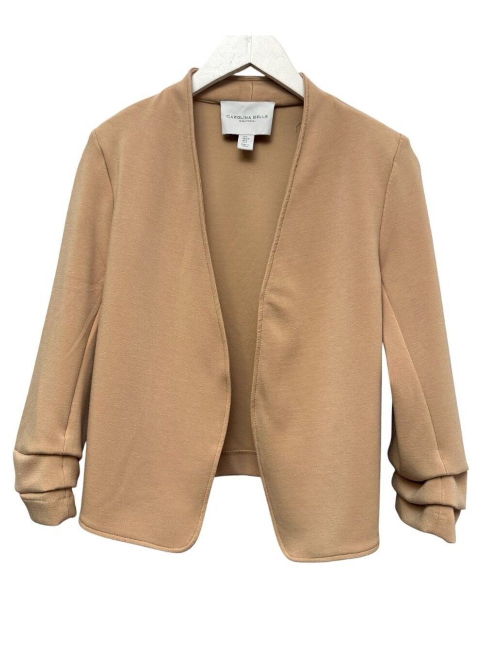 CAROLINA BELLE Womens Blazer Small Beige Open Front Scuba Knit Cropped Jacket
